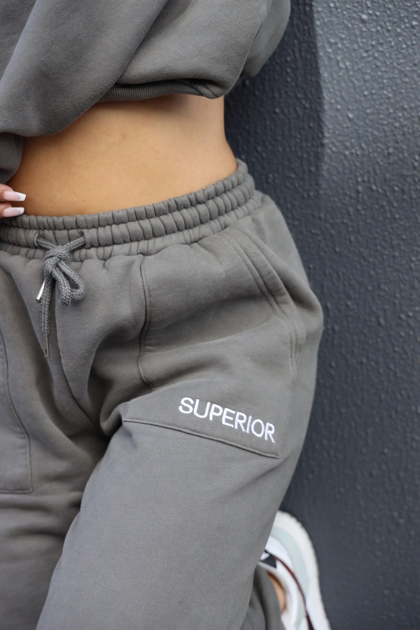 close up with logo and sweatpants